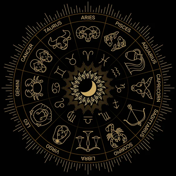 Zodiac Astrologi Horoskop Illustration Guld Linje Svart Minimal Stil — Stock vektor