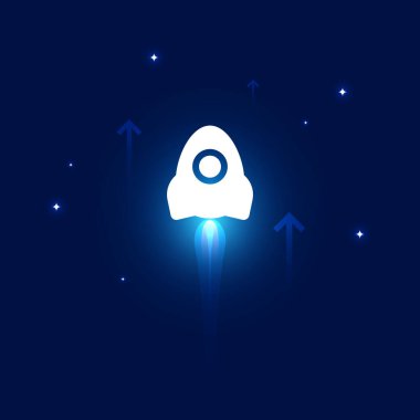 Jetli beyaz roket, parlak yıldız ve yukarı ok ile koyu mavi alanda hareket eder, iş büyüme çizelgesi.
