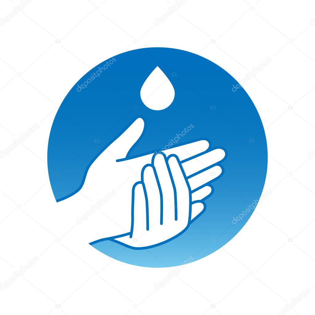 Wash hand with disinfectant drop blue icon minimal design.