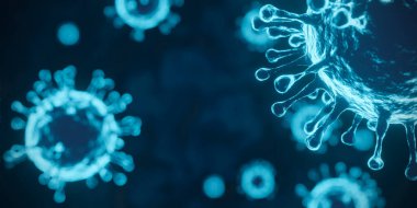 Coronavirus mikroskobu 3D virüs illüstrasyonu kopya alanı olan koyu mavi arkaplan.