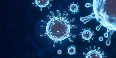 Coronavirus mikroskobu 3D virüs illüstrasyonu kopya alanı olan koyu mavi arkaplan.