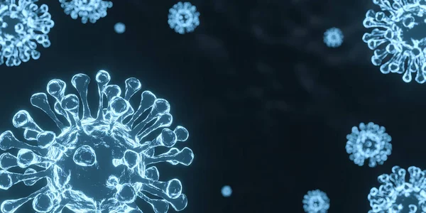 Microscopio Coronavirus Ilustración Virus Fondo Azul Oscuro Con Espacio Copia —  Fotos de Stock