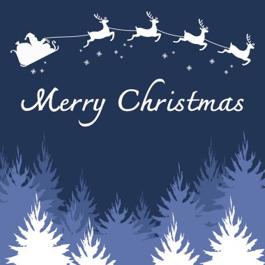 Mutlu Noel illüstrasyon vektörü, siluet Noel Baba ve ren geyikleri çam ormanları üzerinde uçuyor, mavi renk, basit tasarım.