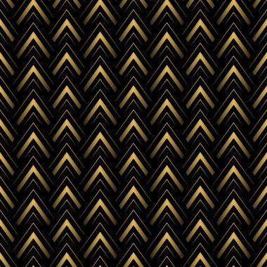 Altın sanat deco doğrusal geometrik dikişsiz ölçek deseni siyah arkaplan üzerinde.