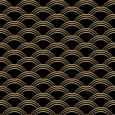 Altın sanat deco doğrusal geometrik dikişsiz ölçek deseni siyah arkaplan üzerinde.
