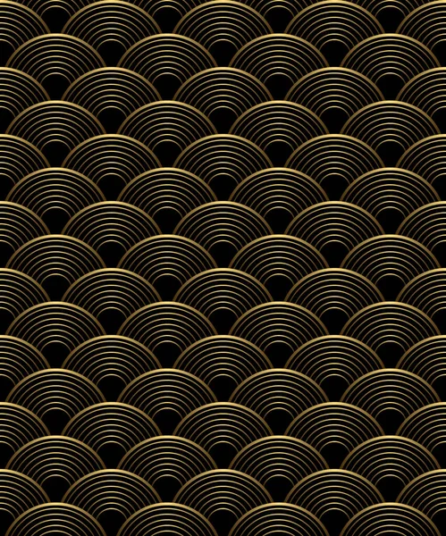 Golden Art Deco Linear Geometric Seamless Scale Pattern Black Background — Stock Vector