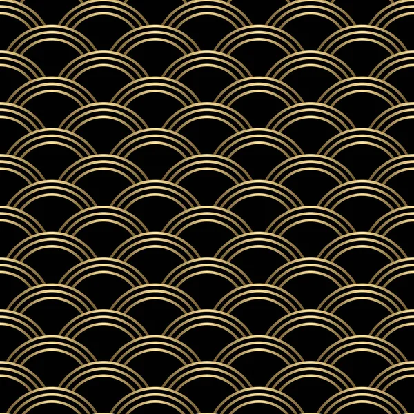 Altın sanat deco doğrusal geometrik dikişsiz ölçek deseni siyah arkaplan üzerinde.