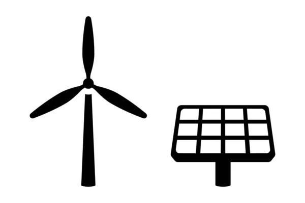 Icono Negro Turbina Eólica Célula Solar — Vector de stock