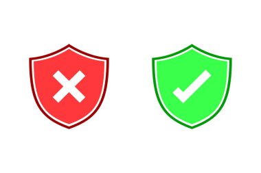 Güvenli ve güvensiz bir sembol. Doğru ve yanlış işareti. Doğru ve yanlış hedef. Kırmızı ve yeşil kalkan vektörlerini çapraz kontrol edin. Basit ve düz tasarım, minimalist stil.