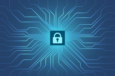 Güvenlik dijital illüstrasyon vektörü, dijital çizgi arkaplanının ortasına kilit sembolü, mavi renk.