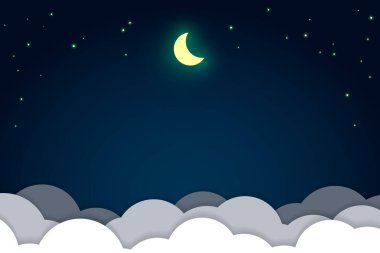 Gece gökyüzü, ışık yıldızları ve bulutların üzerindeki parlak ay, arkaplan çizimi, kopyalama alanı kompozisyonu, kağıt kesimi tarzı.