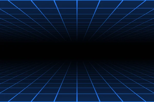 在暗背景 复制空间组成 90年代复古技术概念的网格上和网格下的一个点透视蓝光 — 图库矢量图片