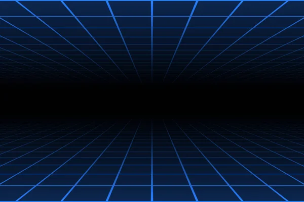 One Point Perspective Blue Light Grid Dark Background Copy Space — Stock Vector