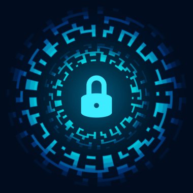 Siber güvenlik illüstrasyonu, koyu arkaplan üzerindeki dijital veri çemberinde mavi ışık kilidi simgesi.