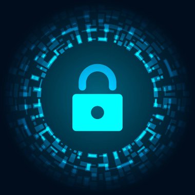 Siber güvenlik illüstrasyonu, koyu arkaplan üzerindeki dijital veri çemberinde mavi ışık kilidi simgesi.