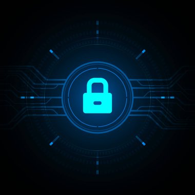Koyu arkaplan illüstrasyonunda mavi ışık kilidi simgesi ve daire çevrimi dijital, siber güvenlik teknolojisi kavramı.