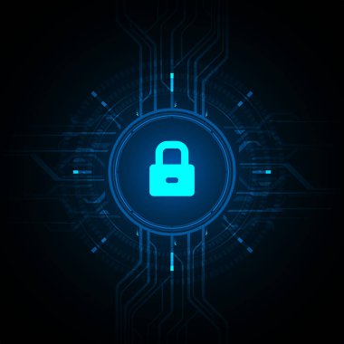 Koyu arkaplan illüstrasyonunda mavi ışık kilidi simgesi ve daire çevrimi dijital, siber güvenlik teknolojisi kavramı.