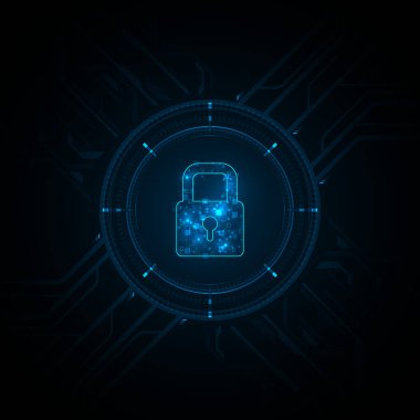 Koyu arkaplan illüstrasyonunda mavi ışık veri kilidi simgesi ve devre dijital, siber güvenlik teknolojisi kavramı.