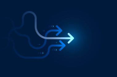 Soyut ışık oku yukarı yönde koyu mavi arkaplan fotokopi alanı illüstrasyonu, iş lideri konsepti.