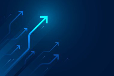 Mavi arkaplan illüstrasyonunda ok devresi, dijital büyüme kavramı.