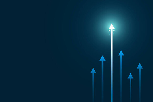Arrow up on blue background, copy space composition, business growth concept.