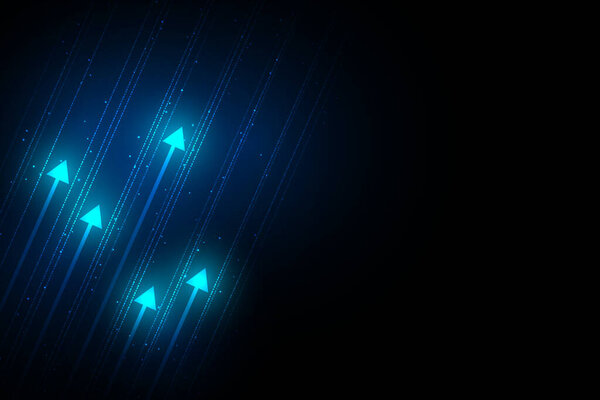 Blue light arrows up with dot line on black background, copy space composition, automation techonology internet concept.