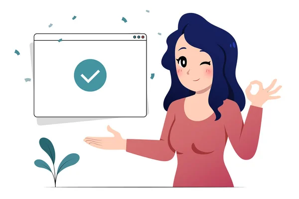 Портрет Женщины Показывать Позировать Галочкой Окно — стоковый вектор