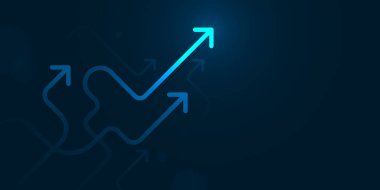 Fotokopi alanı ve iş büyüme konseptiyle koyu mavi arkaplanda sinsi oklar parlar.