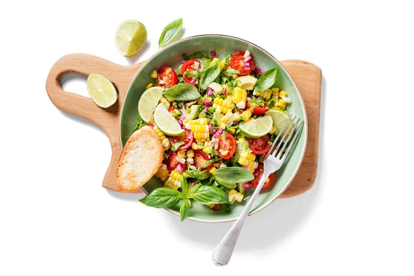 Salată Colorată Avocado Porumb Privire Sus Izolat Fundal Alb — Fotografie, imagine de stoc