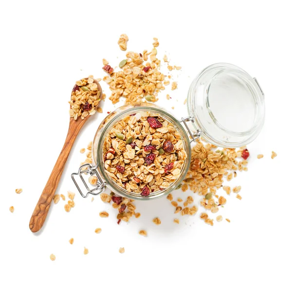 Homemade Granola Nuts Seeds Glass Jar Healthy Breakfast Isolated White — Stock Photo, Image