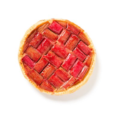 Rubarb Pie ya da bademli tart. Sağlıklı ev yapımı yaz tatlısı, vejetaryen ravent turtası. beyaz arkaplanda izole edilmiş
