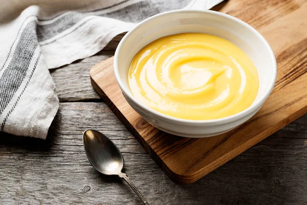 Homemade Vanilla Custard Pudding Lemon Curd White Bowl — Stock Photo, Image