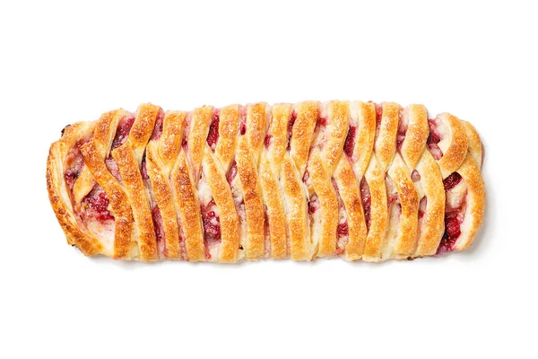 Braided Raspberry Danish Pastry Glaze Fresh Berries Isolated White Background — Stock Photo, Image