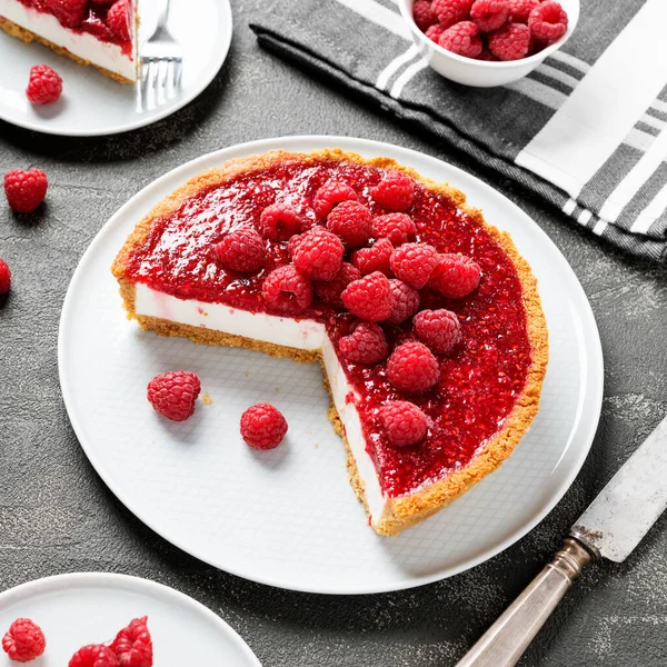 Tarte Tarte Gâteau Aux Framboises Fraîches Confites Gâteau Fromage Sans — Photo