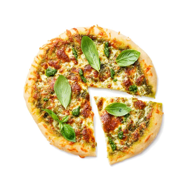 Frisch Gebackene Hausgemachte Pizza Oder Kuchen Mit Basilikum Pesto Sauce — Stockfoto