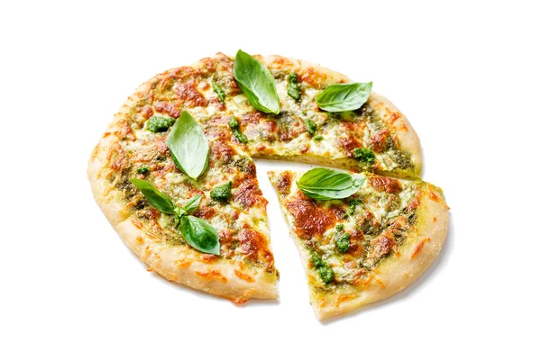 Świeżo Upieczona Pizza Domowej Roboty Lub Ciasto Sosem Bazyliowym Pesto — Zdjęcie stockowe