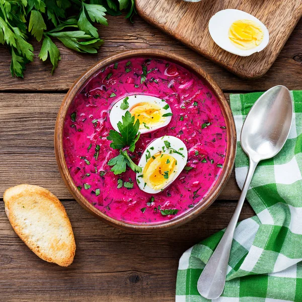 Летний Суп Свеклы Свежими Овощами Вареным Яйцом — стоковое фото