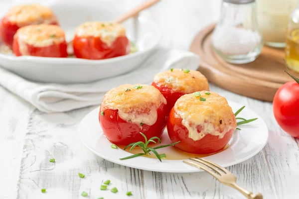 Tomatoes Stuffed Rice Vegetables Baked Cheese Vegetarian Food — Stock Photo, Image