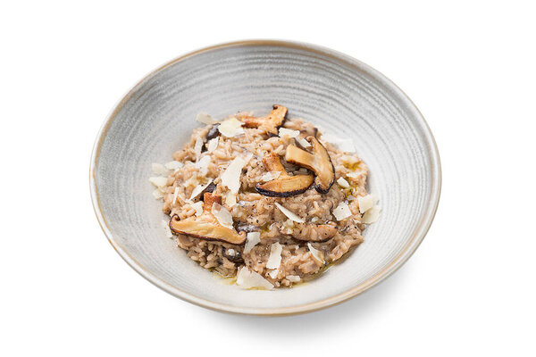 Classic italian risotto with mushrooms and parmesan cheese. isolated on white background