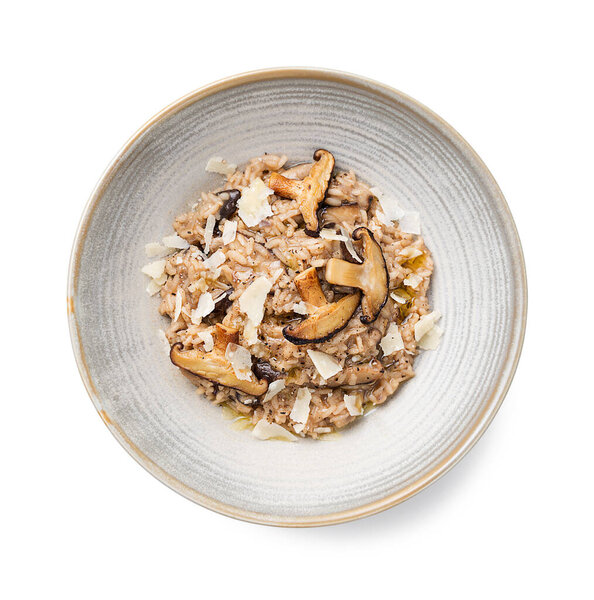 Classic italian risotto with mushrooms and parmesan cheese. isolated on white background