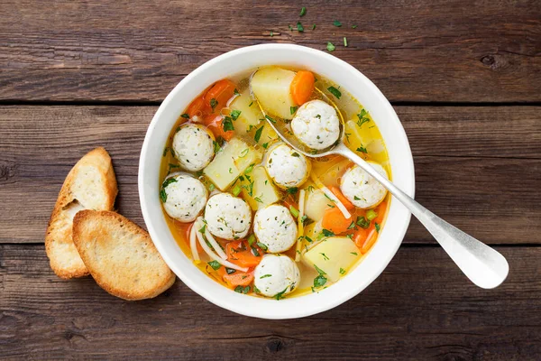 Fresh homemade chicken meatball soup with vegetables. — Stock Image Fresh Homemade Chicken Meatball Soup Vegetables Stock Picture