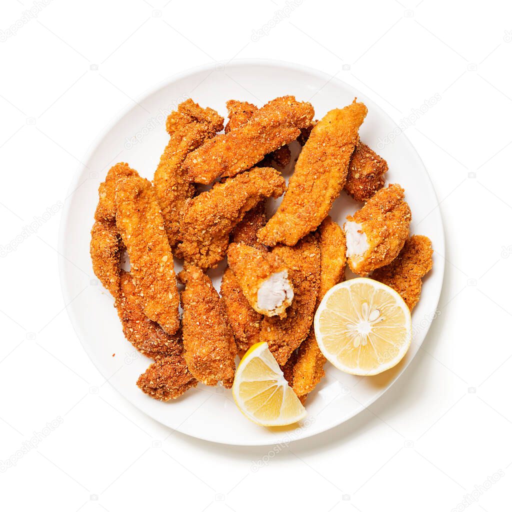 Delicious crispy fried breaded chicken breast strips .top view. isolated on white background