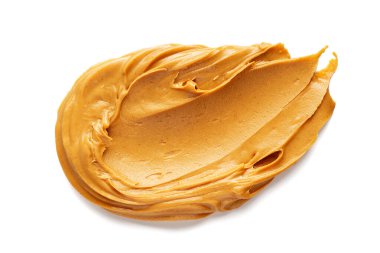  Lezzetli fındık ezmesinin kokusu beyaza izole edilmiş, üst manzara