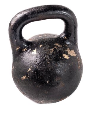 Beyaz arka planda izole edilmiş 24 kilo ağırlığında eski bir kettlebell..