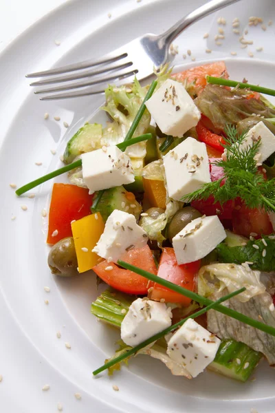 Griechischer Salat im mediterranen Stil mit Feta-Käse, grünen Bio-Oliven, Kirschtomaten, Gurken und Petersilie. — Stockfoto
