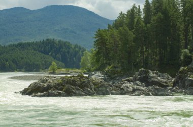 Ağaçlar ve bulutlu gökyüzü ile güzel yeşil yaz dağlarda Fırtına nehri