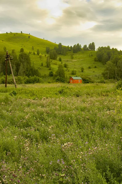 Красная Хижина Красивых Зеленых Летних Горах Деревьями Облачным Небом — стоковое фото