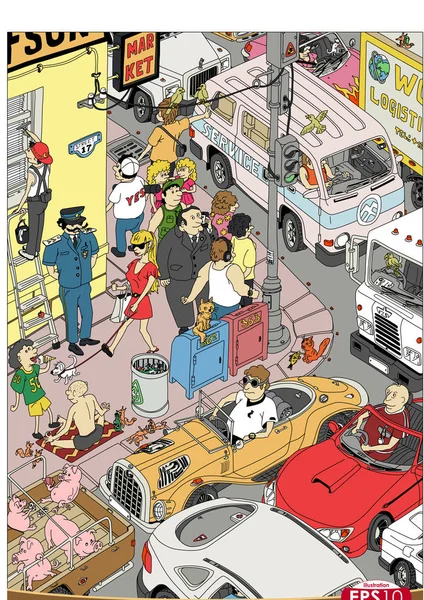 Vektör Karikatür Şehir Trafik Sahnesi