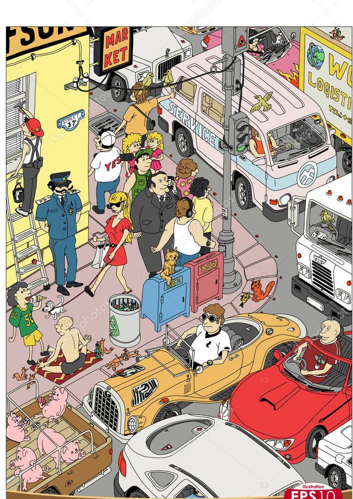 Vector Cartoon City Traffic Scene