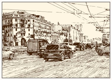 Russia.Moscow. Binalar, insanlar ve arabalar ile şehir sokak Kentsel görünümü. Yaz günü siyah beyaz el kalem ve mürekkeple çizim. Çizim stili
